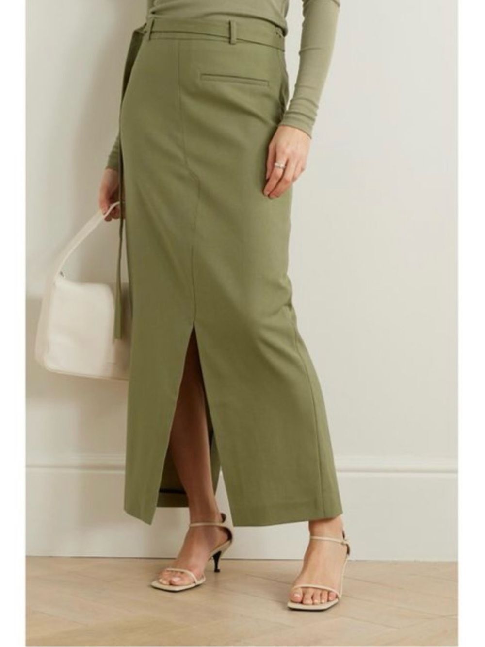 RÓHE Belted Wool Maxi Skirt Sage Green 38/US 8 High Slits Virgin Designer Button